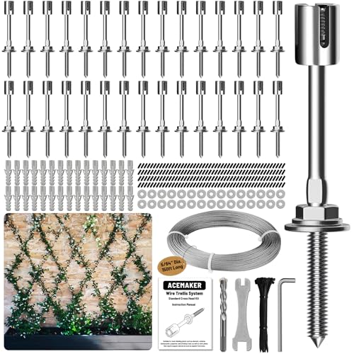 Acemaker Wire Trellis for Climbing Plants Outdoor 30-Set Wall Wire Trellis Kit with 5/64(2mm) x 150ft Stainless Steel Cable T316 Espalier System for Fence and Garden DIY Projects