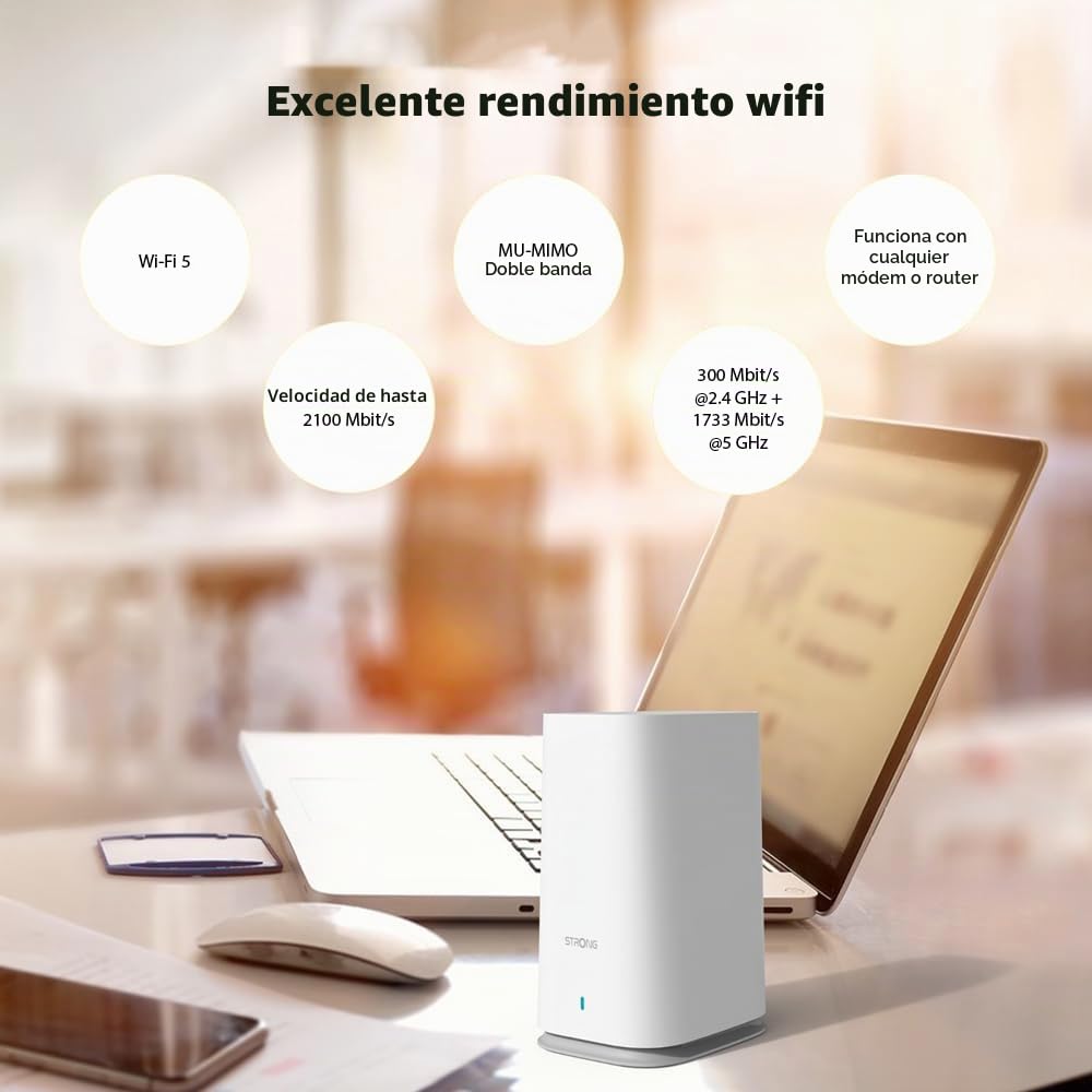 Strong, MESHKIT2100 Atria - Sistema WiFi de 5 Malla para el hogar: Cobertura 200 m2. Más área de Sombra - Booster tu WiFi a 2100 MBps. 2 Puertos Gigabit Ethernet para Box a Internet.