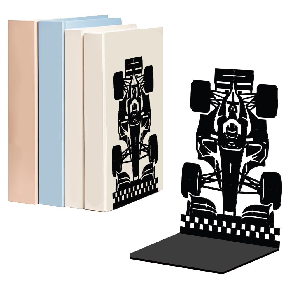 WADORN 1 Pair Racing Car Metal Decorative Bookend for Shelves, Heavy Duty Book Ends Modern Non-Skid Books Holder Stand Black Book Support Stoppers for Desk Bookshelf Office Home, 5.3x4.3x7.8 Inches