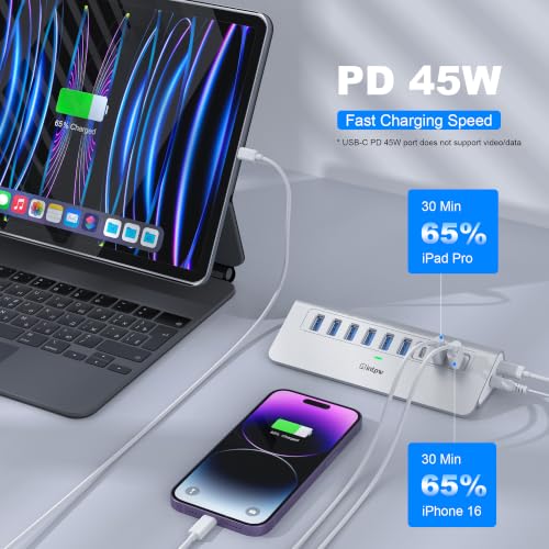 Image of Powered USB Hub 10Gbps, intpw 9-Port USB 3.2 Hub, USB C with USB A /USB 3.2 Hub, 4 USB 3.0, 2 PD 45W Charging Port, 65W Power Adapter and 3.3FT Cable, Aluminum USB Hub for PC /Laptop, iPhone 17 /16 /15