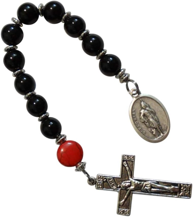 Saint Florian Patron of Firefighters Chaplet Pocket Purse Bag Small One Decade Rosary Black Onyx Round Bead Chaplet and Silver Spacers Silver Plated Crucifix and Medal Includes Blessed Prayer Card