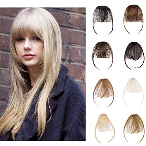 Clip In Air Bangs 100% Remy Human Hair Extensions One Piece front Neat Air Fringe Hand Tied Straight Flat Bangs Clip On Hairpiece With Temples For Women #60 Platinum Blonde 3g