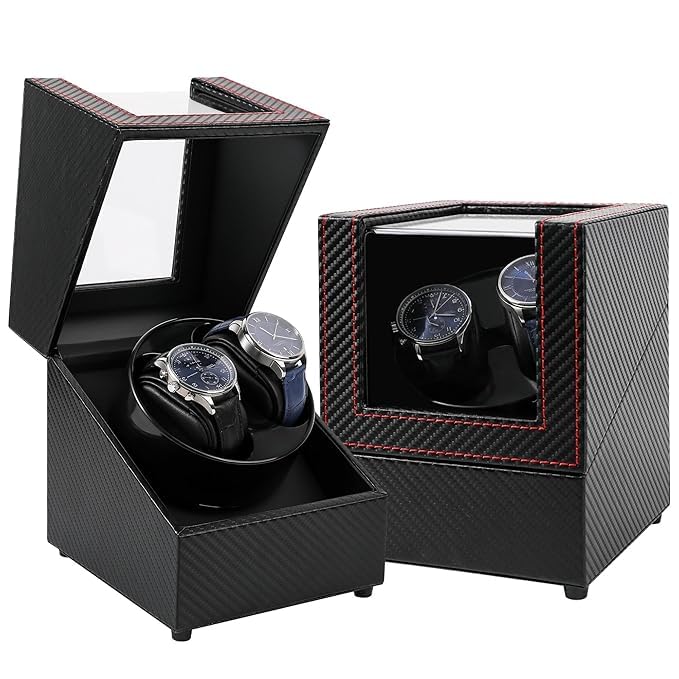 Image of Double Automatic Watch Winder Box, Automatic Watch Display Storage Rotation Wristwatch Box with 2 Slots-Black (CARBON)