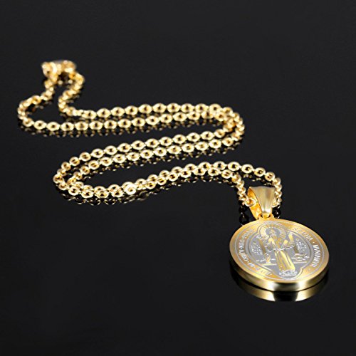 LBFEEL Stainless Steel Saint Benedict Medal Gold Catholic Saint Medals Pendant Necklace for Men Women with a Gift Box3