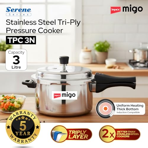 Image of Impex Triply Stainless Steel Pressure Cooker 3 Litres With Outer Lid | Induction and Gas Stove Competable | 3 Layer Construction | ISI Certified | 5 Year Warranty (3 Litre)