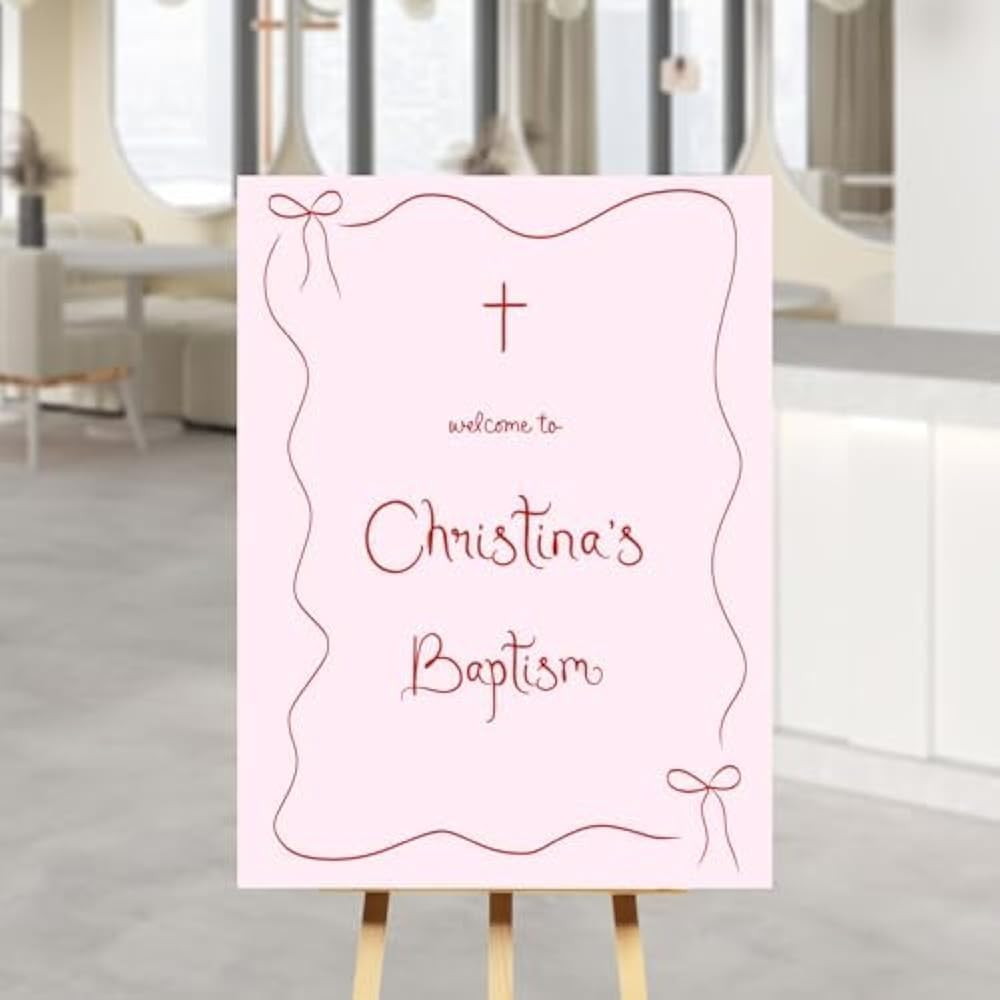 Personalized Pink Baptism Welcome Sign for Girl, Custom Christening Poster, First Holy Communion Decor, Editable Printable Baby Girl Naming Day Sign, Religious Ceremony Party Decoration