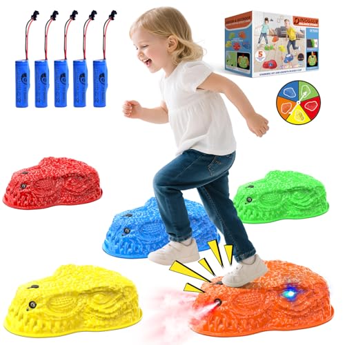 Dinosaur Toys for Kids 3-5, Mist Spraying Dino Roaring & Light up Stepping Stones for Kids, Indoor & Outdoor Durable Non-Slip Sensory Balance Stones with 5 Rechargeable Batteries, Gift for Toddlers