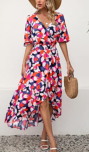 Image of Kormei Women Short Sleeve V Neck Floral High Low Flowy Summer Party Long Maxi Dress