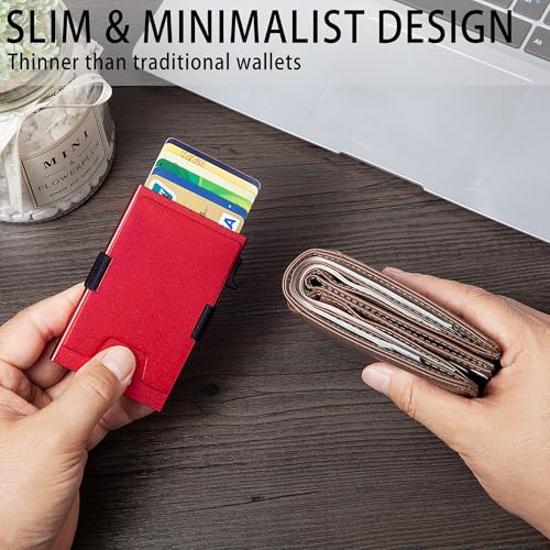 Image of Minimalist Mens Card Holder Wallet, RFID Blocking Slim Smart Pop Up Aluminum Wallet,Holds 12+ Cards,Expandable Compact Plate,Cash Strap /Money Clip (Red)
