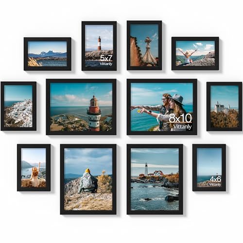 Image of Vittanly 12 Pack Picture Frames Collage Wall Decor for Mounting or Tabletop Display, Gallery Wall Frame Set for Family, Multi Sizes Including 4pcs 8x10, 4pcs 5x7, 4pcs 4x6, Black