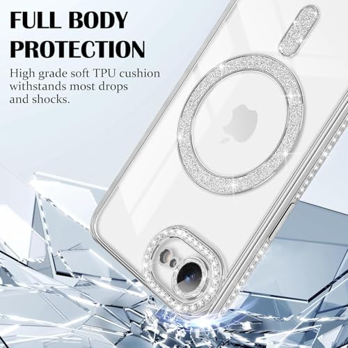 Image of DIZORO Compatible with (iPhone 17e /iPhone 16e Case) Clear Luxury Diamond Glitter Case |Camera Lens Protector with Glitter Ring |Glossy Shiny Back Cover Case for Girls Women -Silver