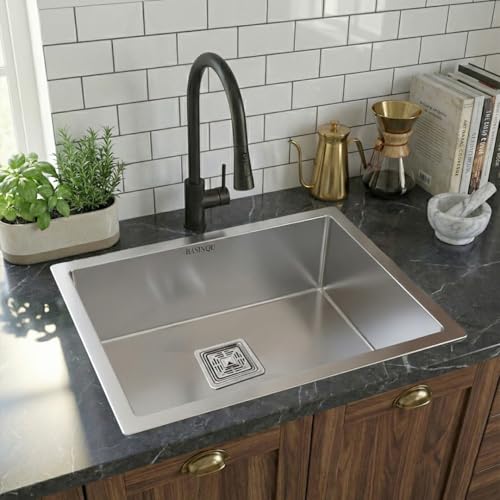 Image of BASINQU Kitchen Sink 22x18x10 Inch Handmade Single Bowl Sink for Kitchen Basin 304 Grade Stainless Steel Brushed Matte Finish Including Coupling Fruit Tray Hose Pipe Kitchen Sinks