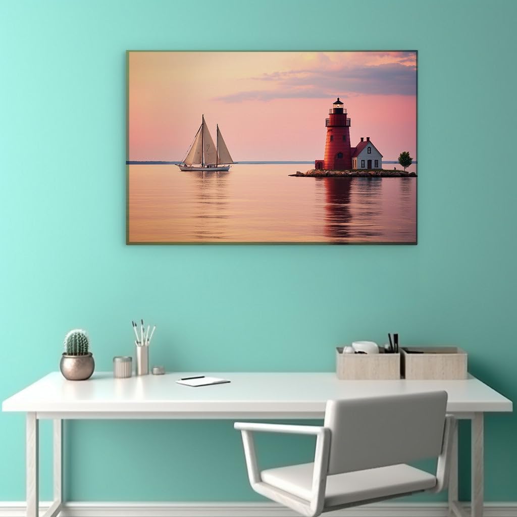 Canvas for Living room. Sail Into Serenity: A Tranquil Escape by the Red Lighthouse at Dawn's First Light, 27 x 18 inch Canvas Wall Art - Contemporary Masterpieces - Modern Home Decor