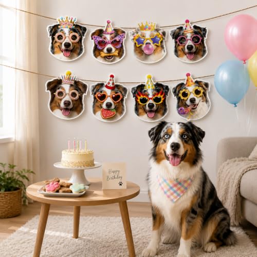 Image of Australian Shepherd Birthday Banner, Aussie Dog Party Decorations Garland | 8 Unique Aussie Faces, Pre-Strung & Ready to Hang , Perfect Photo Backdrop, Great Dog Mom Gift