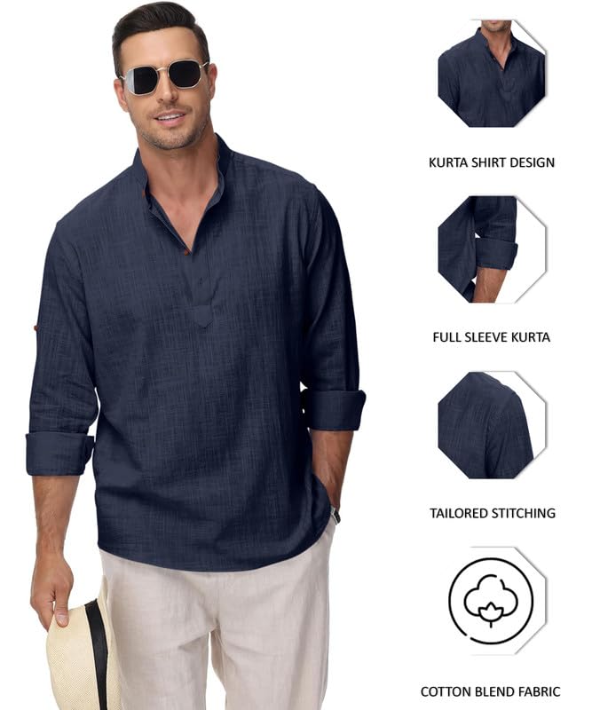 Image of Macsivo Men's Cotton Blend Solid Short Kurta with Regular Lenth Mandarin Collar Short Button Placket Rolled up and Full Sleeves Kurta for Men