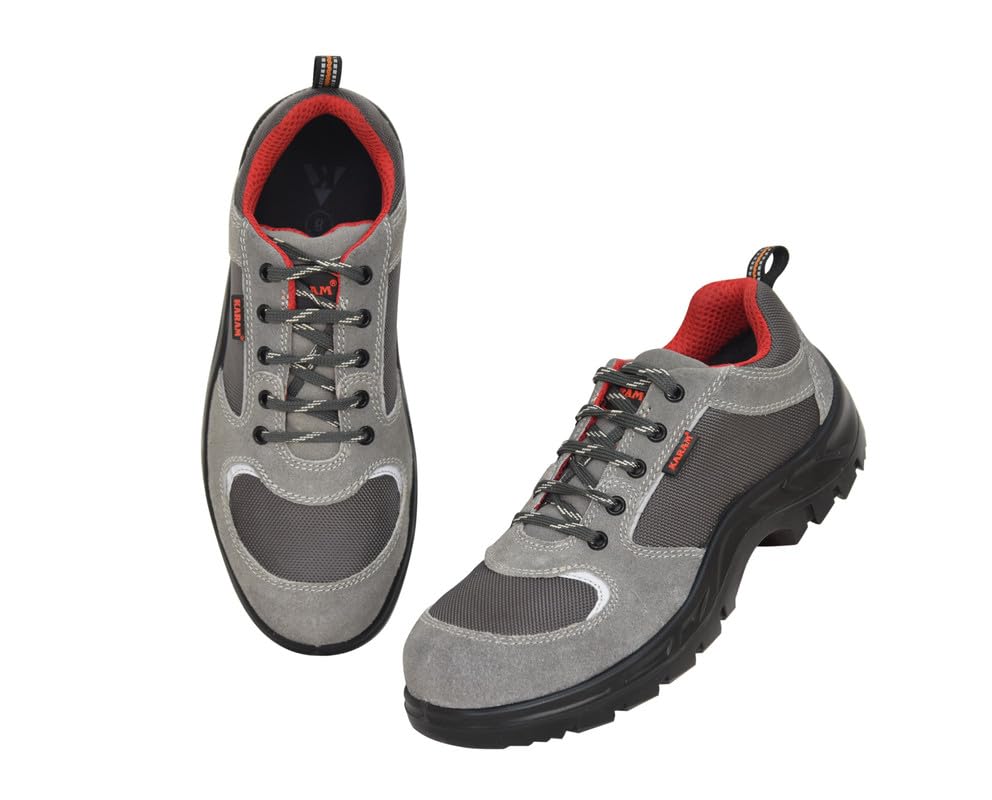 Image of KARAM FS114 Grey Suede Leather Safety Shoes for Men Lightweight | Single Density | Steel Toe Cap | Oil & Heat Resistant, Antistatic, Antislip | Size-07
