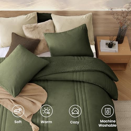 Monbix Fluffy King Comforter Set – 3 Piece Cozy Sherpa Comforter King Size Olive Green, Winter Warm Fleece Bedding Set thumb #3
