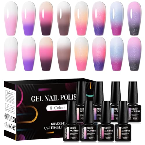 MEET ACROSS Color Changing Gel Nail Polish Set, 8 Colors Red Pink...
