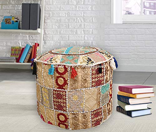 DK Homewares Indian Vintage Patchwork Pouffe Foot Rest White Round Foot Stool Decorative Tuffet Cotton Embroidered Hassock Pouf Ottoman Cover Floral Traditional 22x22x14