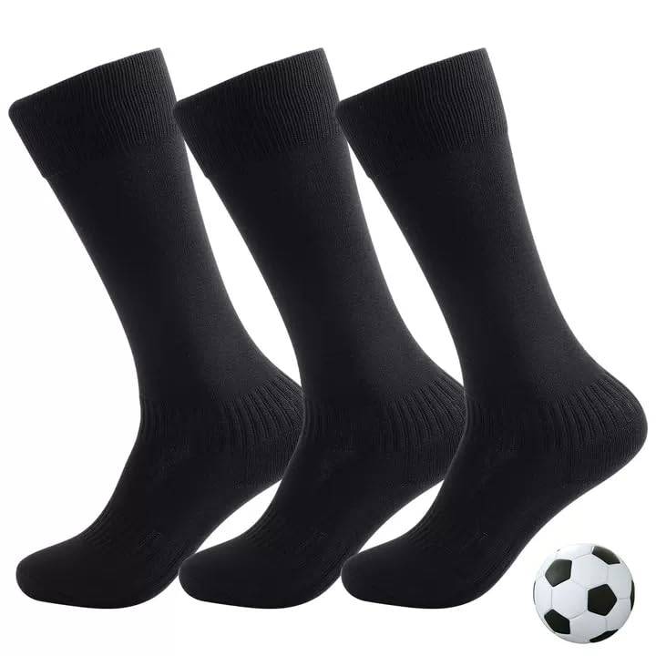 3 pares de calcetines de fútbol para hombres y niños, transpirables, hasta la rodilla, calcetines de rugby, calcetines de fútbol para adultos, niños, adolescentes, entrenamiento deportivo, Negro, L
