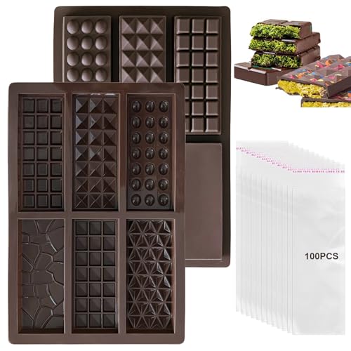 Chocolate Moulds 2PCS Silicone Chocolate Bar Moulds with 100Pcs Bags Reusable Non-Stick Thick Candy Bar Molds Wax Melt Molds for Choclate Bars 6Patterns