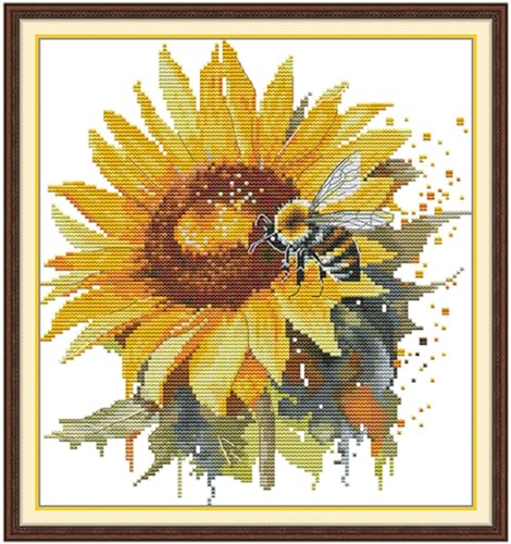 Image of Aiorkeng Cross Stitch Kits Stamped Full Range of Embroidery Starter Kits for Adults Beginners DIY Needlepoint Kit 11CT 3 Strands -Printed kit Sunflowers and Bees(Printed) 14.2x15 inches
