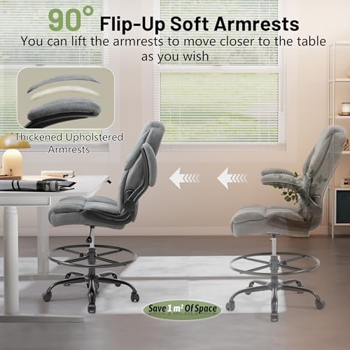 Image of 500LBS Drafting Chair, High Back Safer Standing Desk Chair, Executive Tall Office Chair with Flip-up Armrests, Upholstered Fabric Task Chair, Ergonomic Seat with Adjustable Height&Foot Ring, Grey