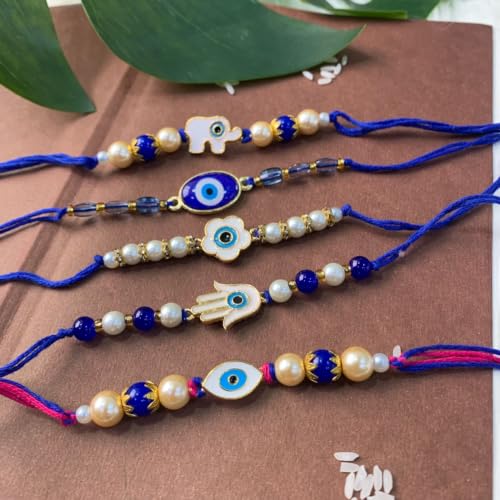 Image of I Jewels Enamel Evil Eye Combo Rakhi Set of 5 with Roli Chawal & Rakshabandha Card For Brother /Bhai /Bro /Men /Kids /Boys (RE-CO) (Pack of 5)
