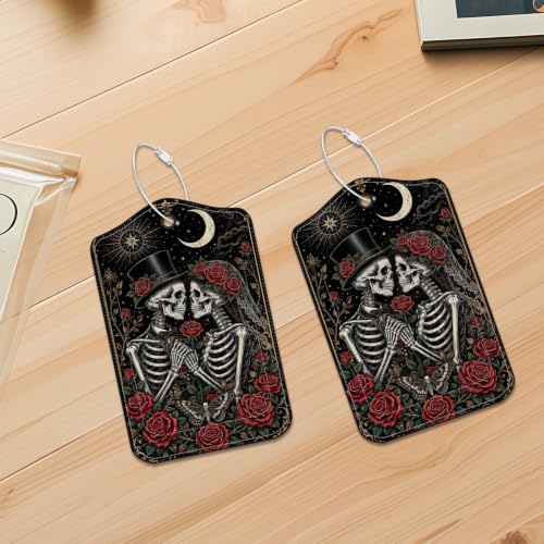Image of Gothic Skeleton Luggage Tags 2 Pack, PU Leather Privacy Cover