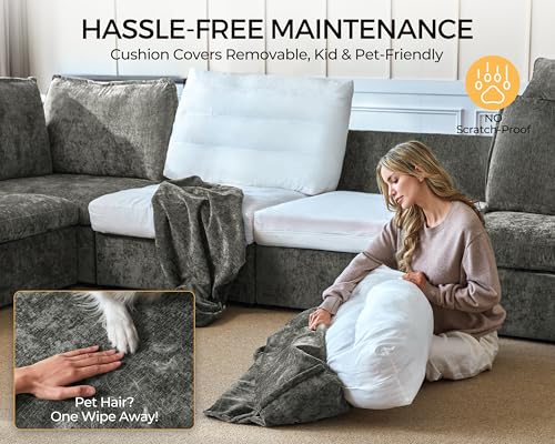 Image of 124.8'' Oversized Modular Sofa Comfy Cloud Couch with Storage, Extra Wide Sectional Sofa for Living Room, Covers Washable, 3-Seater, Chenille, Grey