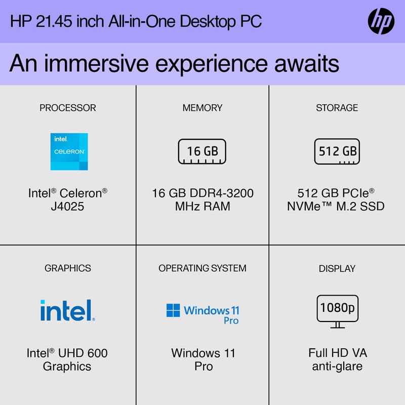 Image of HP All-in-One Desktop Computer 2024, 21.5 inch FHD Display, 16GB RAM, 1TB Storage (512GB SSD+500GB External Drive), Intel Celeron Processor, Webcam, RJ-45, Keyboard & Mouse, Marxsol-DVD + /-RW, Win 11 Pro