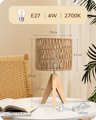 Lampe de Chevet Trépied Bois Massif Abat-jour Corde EDISHINE