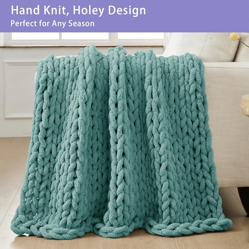 Bigacogo Chunky Knit Throw Blanket for Couch, 40x40 inches, 100% Hand Knitted with Thick Jumbo Chenille Yarn, Cozy Soft Large Rope Knot Cable Crochet Blankets for Sofa Bed Living Room, Light Teal