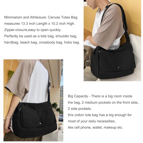 Image of Cotton Tote Handbag Women Canvas Crossbody Beach Bag Hobo Shoulder Tote Bag with 3 External Pocket,Zipper Closure