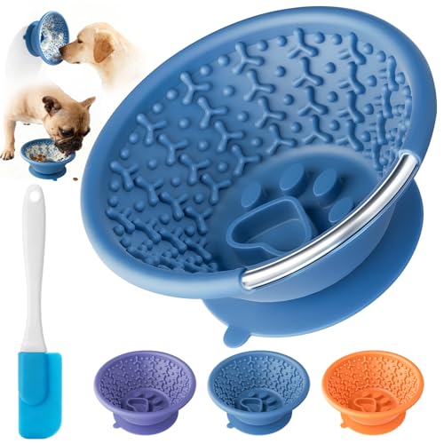 Dog Lick Bowl Non-Slip Slow Feeder Licking Mat & Treat Dispenser (Wide Bowl Mouth w/Inlaid Stainless Steel Ring) - Interactive Toys Anxiety Reducer Freeze Bone for Dogs BPA Free Silicone(Blue)