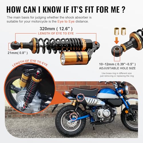 Image of GZYF 12.6 inch 320mm Universal Motorcycle Rear Air Shock Absorbers Adjustable Go Kart Suspension for HONDA for Suzuki for Kawasaki for Yamaha ATV Go Kart Quad Dirt Sport Bikes Black & Gold