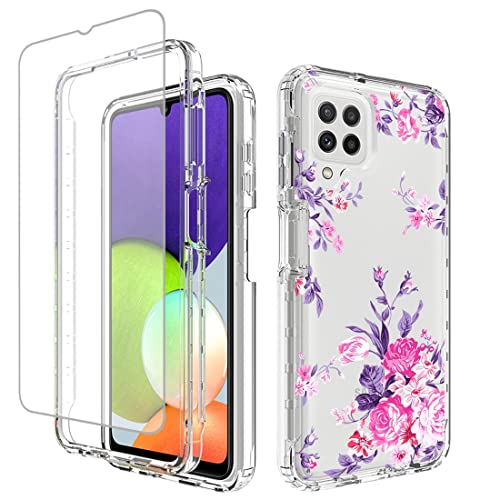 Coque Galaxy A22 4G antichoc 360 avec vitre en verre trempé fleur rose