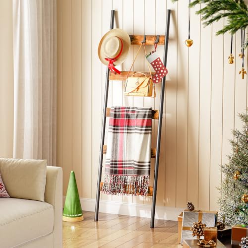 image for HOOBRO Blanket Ladder, 5-Tier Towel Rack with Hooks, Wall-Leaning Blan