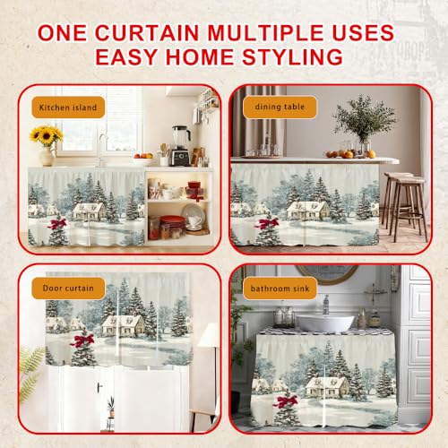 Image of Self Adhesive Vintage Cottage & Pine Cabinet Curtain for Mother's Day, 39x28 Inch Farmhouse Manor Under Sink Skirt No Drill, Spring Cleaning Kitchen Decor, Hook and Loop Laundry Valance