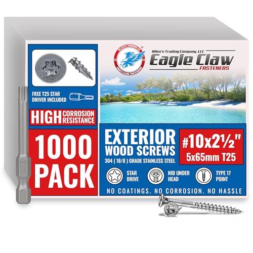 Image of #10 x 2.5 Inch Stainless Steel Deck Screws | 304 Grade (1000 Pack) | Flat Head T25 Star Torx Drive | Stainless Steel Screws by Eagle Claw Fasteners | Corrosion & Rust Resistant (Includes Driver Bit)