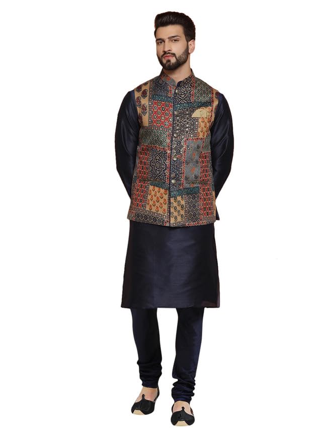 Image of KISAH Men's Ethnic Wear Regular Fit Cotton Blend Printed Kurta Churidar and Jacket Set