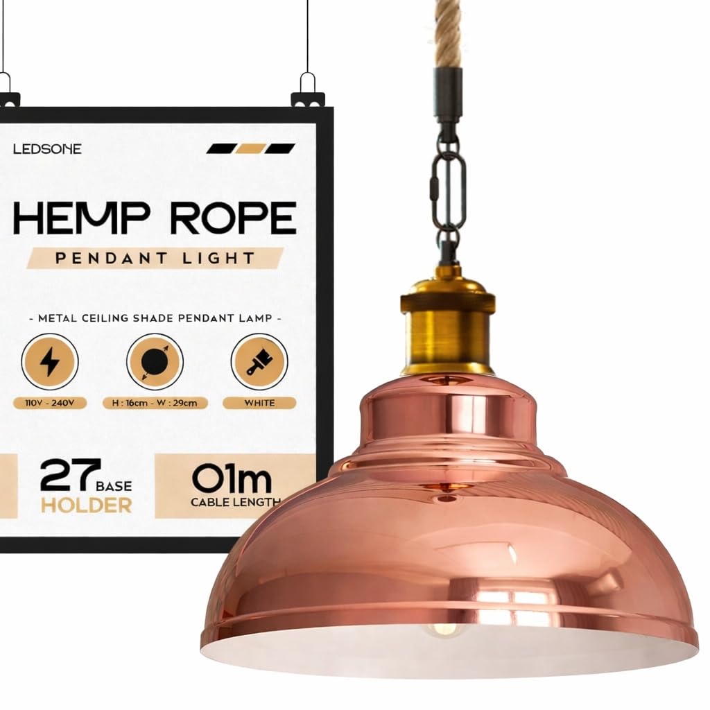 LEDSone Ceiling Pendant Light Fitting, Hemp Twisted Braided Flex,E27 Lamp Holder with 29cm Curvy Lampshade Suspended Pendant Light Fitting Kit (Rose Gold)