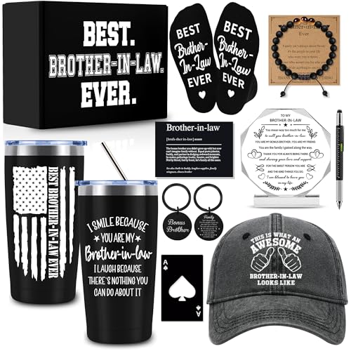 NVTROVI 10 PCS Brother In Law Gifts from Sister, Brother, Family with 20 Oz Tumbler Baseball Cap...