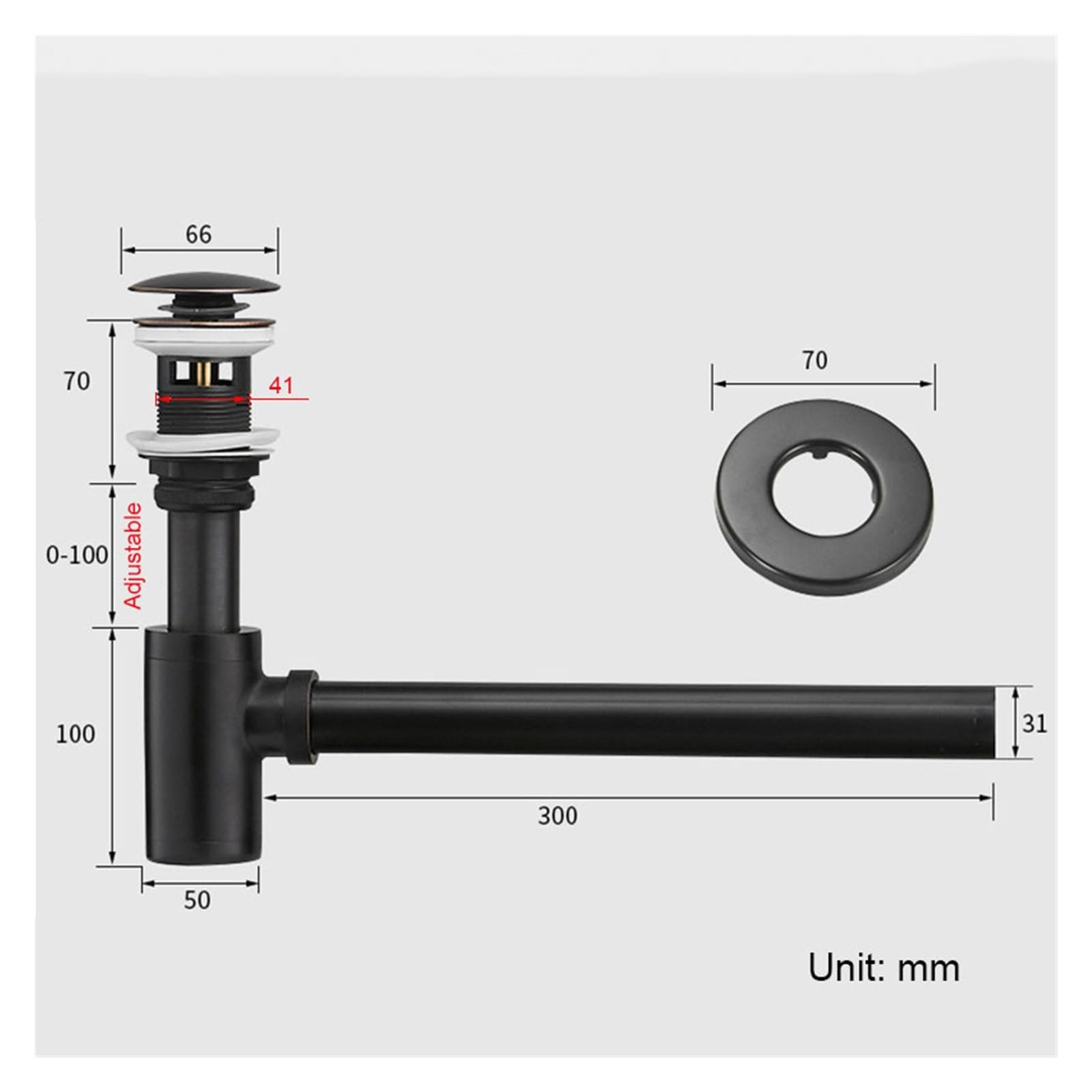 Sifone a Bottiglia Rotonda in Ottone con Scarico a Scomparsa, Kit Tubo di Scarico sifone for lavabo Regolabile in Altezza (Nero) (Color : Pop-up with Overflow)