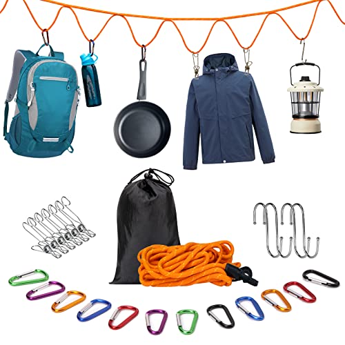 Vzzeport Cuerda para Tienda, 5m Cuerda para Acampar al Aire Libre Multifuncional con 12 Mosquetones, 6 Clips de Alambre, 4 Ganchos en S y Bolsa de Almacenamiento para Senderismo Viajes Camping,Naranja Cover