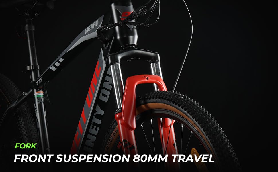 Image of NINETY ONE Meraki 27.5T , 17 Inch Steel Frame - Single Speed Electric Bicycle (Black & Red, Ideal for: 12+ Years Unisex, Brake: Disc, With 5 Years Warranty on Frame )