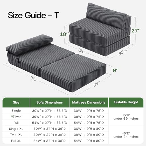 Image of Convertible 4-in-1 Folding Sofa Bed Boneless Sleeper Chair Couch Foldable Chaise Lounger & Mattress Pocket Coils+Foam Medium Support, Portable No Assembly for Living Room /Bedroom, Twin
