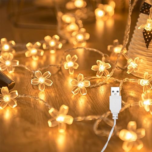 ENLACE Catena luminosa a LED con fiori di ciliegio, alimentata tramite USB, 6 metri, 40 LED, luce bianca calda, luce fissa