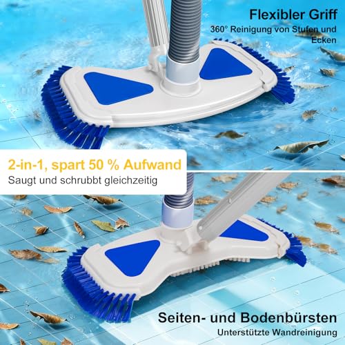 Poolbürste mit Sauganschluss 35 cm Bodensaugerbürste mit Seitenbürsten Drehanschluss für 32 mm und 38 mm Schlauch Pool Bodensauger Kopf für Aufstellpool Einbaupool