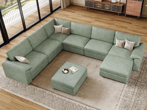 Image of EASE MOOSE Faux Leather Sectional Couch with Ottoman, Oversized Modular Sofa, Vintage Comfy Modular Couch, Scratch Resistant Material Sofas, U Shaped Couch for Living Room, Green